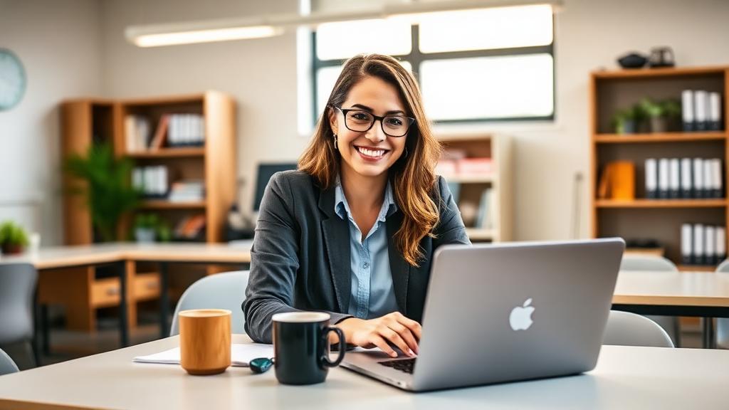 Teacher calmly refining a parent email draft on a laptop at a desk