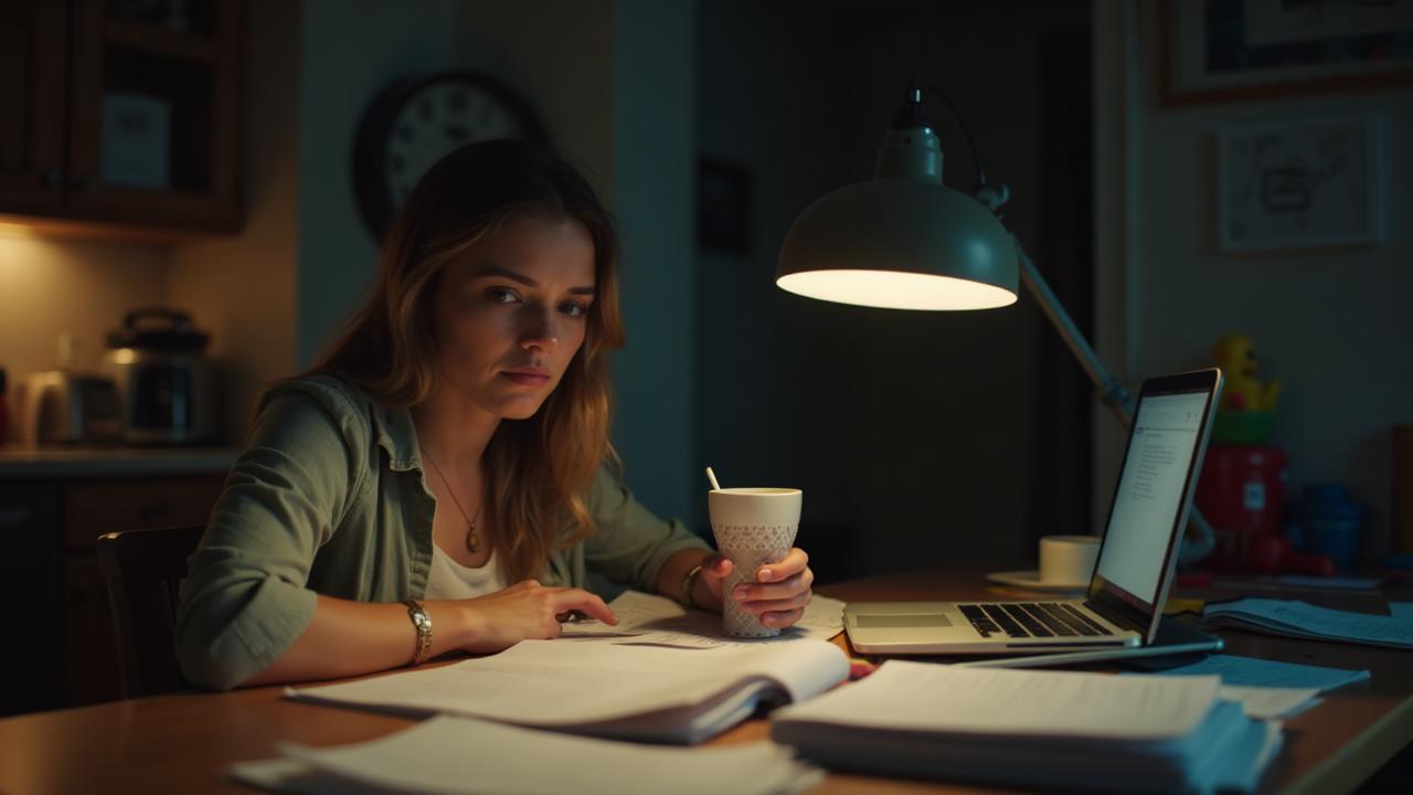 Teacher reviewing a sensitive school message on a laptop late in the evening