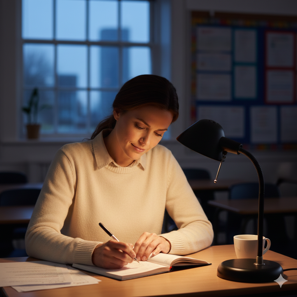 Teacher writing or reflecting